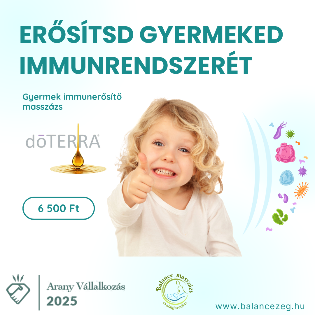 🌿 Gyermek immunerősítő masszázs doTerra Illóolajokkal – Természetes védelem a kicsiknek! 🌿 Kedves Szülők! Az őszi-téli időszakban különösen fontos, hogy gyermekeink szervezete erős és egészséges maradjon. Az immunrendszer támogatása nem csak a helyes táplálkozással és pihenéssel érhető el, hanem speciális masszázzsal is, amely segíti a szervezet védekező mechanizmusait. 👶 A gyermek immunerősítő masszázs egy 30 perces, kíméletes, gyengéd masszázstechnikával végzett kezelés, amelynek célja a gyermek szervezetének természetes védekezőképességének támogatása és erősítése. Ez a masszázs nem csak a testi, de a lelki egyensúlyt is segít megőrizni, hozzájárulva a gyermek egészséges fejlődéséhez. 💚 Különösen ajánlott: • Megfázásos időszakban • Légúti problémák megelőzésére • Általános erősítésre, egészséges fejlődés támogatására Miért fontos az immunerősítés gyermekkorban? A gyermekek immunrendszere folyamatosan fejlődik, ezért különösen fontos, hogy támogassuk annak hatékony működését. Az immunerősítő masszázs rendszeres alkalmazásával segíthetünk megelőzni a megfázásos, influenzás megbetegedéseket, valamint csökkenthetjük a stressz és feszültség hatásait. A masszázs hatásai: 🌿 Serkenti a vér- és nyirokkeringést, ezáltal elősegíti a méreganyagok távozását. 🌿 Támogatja az immunrendszer működését és erősíti a szervezet ellenálló képességét. 🌿 Nyugtató, lazító hatású, amely segít a gyermeknek jobban aludni és kiegyensúlyozottabbá válni. 🌿 Javítja a bőr és az izmok állapotát. doTerra illóolajok használata: A masszázs során kizárólag tiszta, természetes doTerra illóolajokat alkalmazok, amelyek kifejezetten gyermekek számára ajánlott keverékekből állnak. Ezek az olajok gyengédek, mégis hatékonyak az immunrendszer támogatásában. Az olajok biztonságos arányban, bőrbarát hordozóolajjal hígítva kerülnek felhasználásra. Kinek ajánljuk? 🌱Megfázásos időszakban megelőzésként. 🌱Gyakran betegeskedő vagy immunrendszerében gyengébb gyermekeknek. 🌱Stresszes, nyugtalan vagy alvászavarokkal küzdő gyermekeknek. 🌱Szülőknek, akik természetes módon szeretnék támogatni gyermekeik egészségét. Fontos tudnivalók: A masszázs során figyelembe veszem a gyermek életkorát, egyéni érzékenységét. Minden esetben előzetes egyeztetés szükséges, különösen, ha a gyermek allergiás vagy bármilyen krónikus betegséggel küzd. A gyermek masszázs 6-16 év közöttieknek javasolt, ez egy alacsony intenzitású, és különösen lágy technika. Jótékony hatással van a gyermek fizikai és érzelmi állapotára. Pozitív hatást gyakorol az immun, ideg-, keringési rendszerre, a csontokra és az emésztőrendszerre. A masszázs során minden esetben figyelembe veszem a gyermek igényeit, személyiségét, minden korban. A gyermekek különböző módon reagálnak a masszázsra. 6-12 éves gyermek esetén az anya jelen lehet, tinédzserek esetében a szülők jelenléte nélkül zajlik a masszázs.