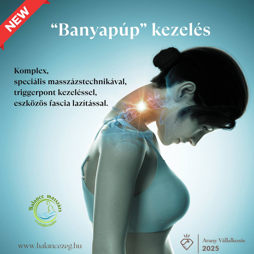 🌟 "Banyapúp" kezelés🌟  A nyaki-háti púp, más néven „banyapúp”, egyre több embernél jelentkező probléma, amelyet a helytelen testtartás, a mozgásszegény életmód és a stressz is előidézhet. A technológia fejlődésével, illetve az ülő életmód terjedésével egyre több ember és egyre fiatalabb korosztályok képviselői szenvednek ettől a mozgásszervi problémától.  A felső háti szakaszon, a nyak tövében kialakuló zsír- és kötőszöveti felhalmozódás nemcsak esztétikai, hanem egészségügyi panaszokat is okozhat. Gyakori tünetek közé tartozik a nyaki merevség, nyaki fájdalom, fejfájás és a vállfájdalom. Ezzel a speciális masszázstechnikával célzottan kezeljük ezt a területet. A kezelés oldja a letapadásokat, javítja a vérkeringést, a feszülés/fájdalom megszűnése hatására javul a testtartás.  A rendszeres kezelés hatására csökkenhet a púp mérete, enyhülhetnek a kellemetlen tünetek, és könnyebbé válhat a fej és a vállak mozgása.